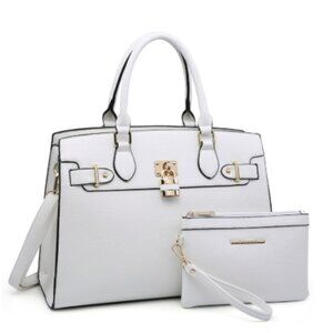 Dasein White Shoulder Bag Top Handle Satchel w/ Matching Clutch